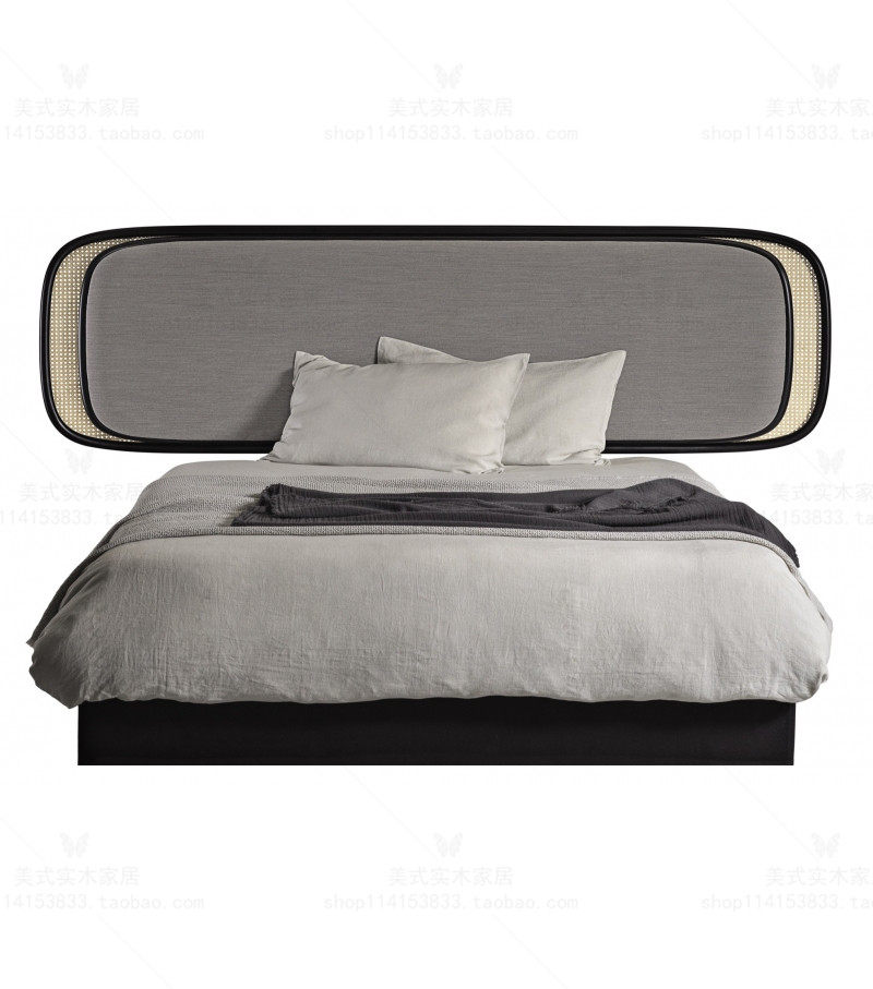 Modern Chinese rattan woven solid wood master bedroom Double soft bag bed American light luxury creative designer model room Rattan art bed