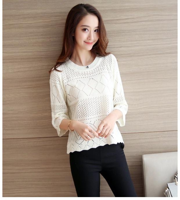 Mùa xuân và mùa hè mới đan áo len rỗng đoạn ngắn mặc áo chống nắng áo sơ mi tay áo len mỏng áo len trùm đầu quần áo của phụ nữ áo len cao cổ