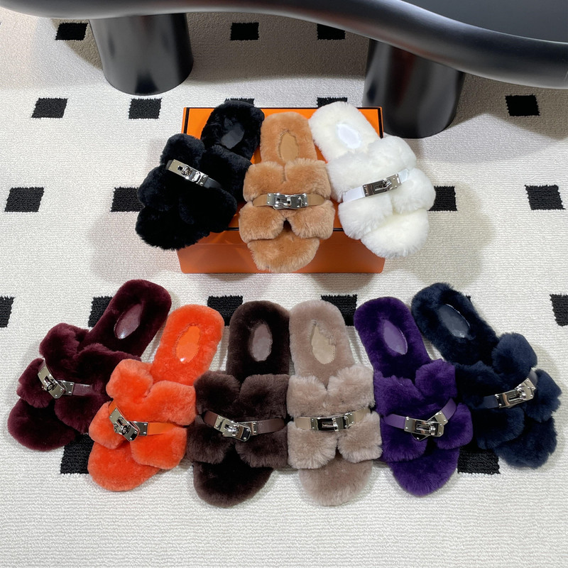 High-End Genuine Leather Wool Buckle Slip-On Slippers for Women, 2025 Autumn and Winter New Style, H-Shaped, Fleece-Lined, Thickened, Flat-Soled Furry Slippers High-End Genuine Leather Wool Buckle Slip-On Slippers for Women, 2025 Autumn and Winter New Style, H-Shaped, Fleece-Lined, Thickened, Flat-Soled Furry Slippers