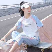 Junior high school student girls and older children short-sleeved T-shirt cotton suit loose 13 summer 14 top 15 two-piece set 16 years old