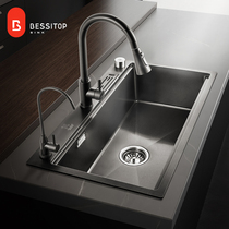 Beschde Black Stainless Steel Wash Basin Nano Kitchen Sink Single Groove Wash Vegetable Pool Large Dishwashing Tank Hand