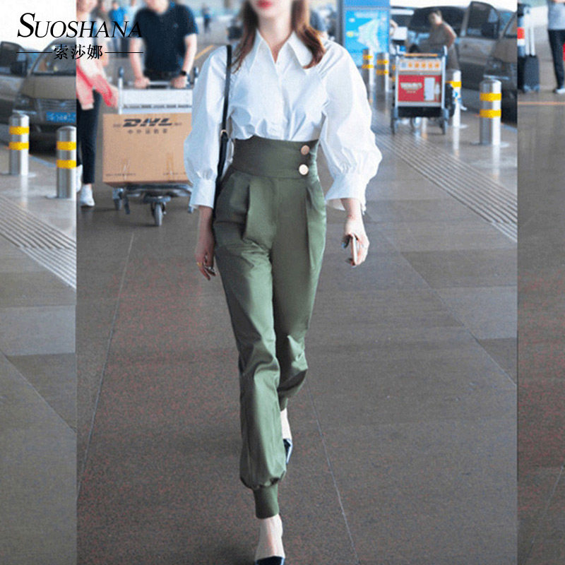 Shirt with the same style, Harlan, high waist, military uniform, trendy pants, small feet, female Hong Kong flavor, retro Yang Mi, spring and autumn, Qi Wei