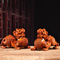 Solid wood carved Pixiu ornaments a pair of large Pixiu Piqiu office living room decoration shop opening gifts