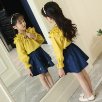 Girls Spring and Autumn 2020 New style Denim Skirt Childrens Womens Autumn Two Piece Set Autumn Dress