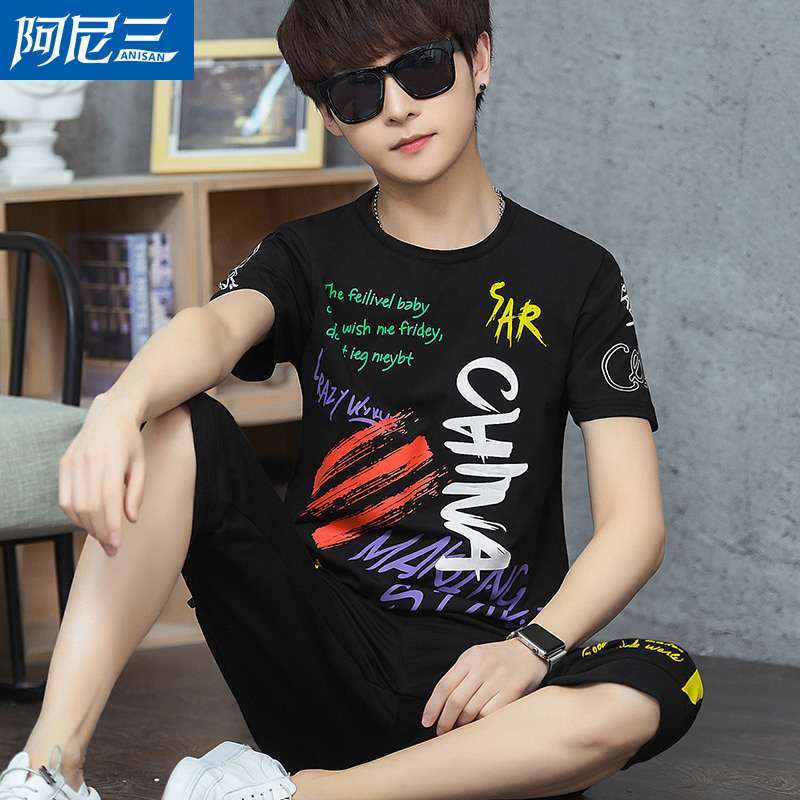 2020 mùa hè thời trang mới in soi sáng tuổi teen phiên bản Hàn Quốc xu hướng sinh viên bottomshirt Cyan cổ nửa tay áo hàng đầu