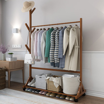 Clothes rack Floor hanger Bedroom household space-saving coat rack Solid wood economical mobile horizontal bar type