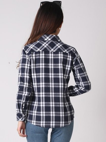 2025春秋新款棉质修身格子衬衫女长袖修身显瘦打底衫女装休闲外套