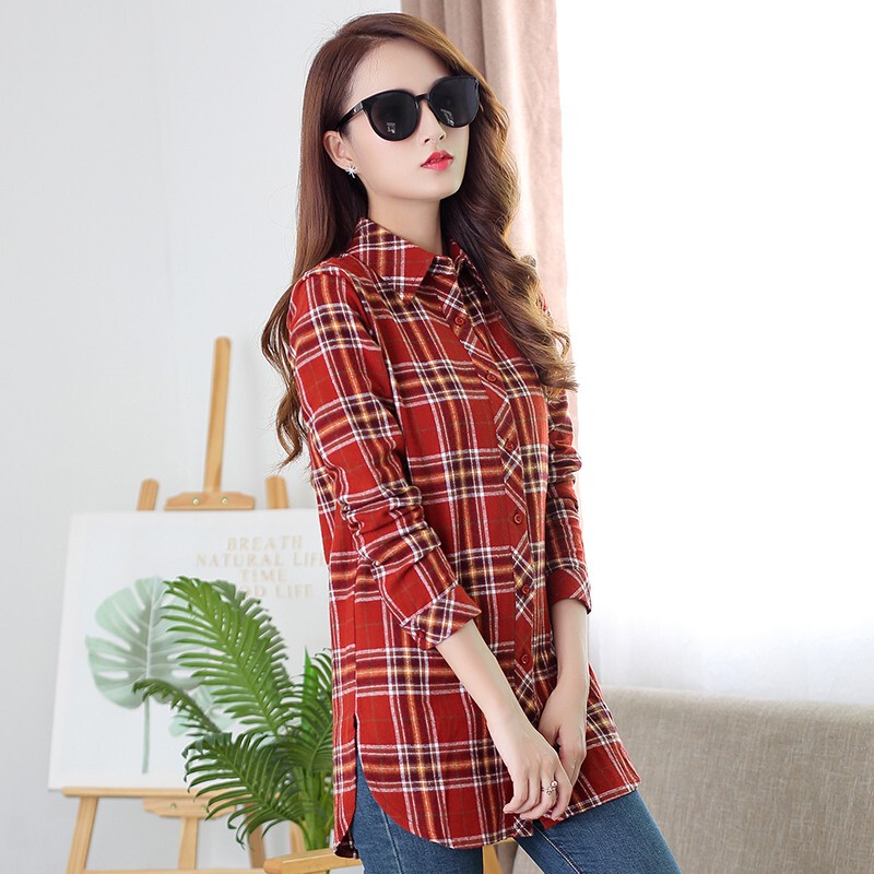 Plaid Shirt for Women, Long-Sleeved, 2026 Spring and Autumn New Style, Loose Fit, All-Cotton, Mid-Length Shirt, Plus Size, Sun Protection Top