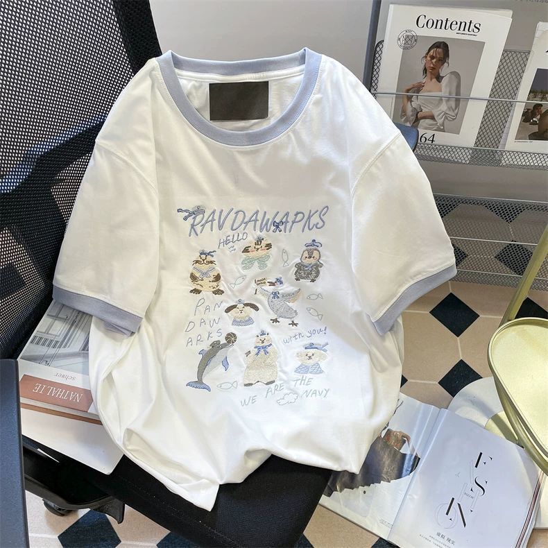 Plus Size 150kg Design-Focused Color-Block Embroidered Short-Sleeve T-Shirt for Women, Summer Loose Fit Versatile Regular Shoulder Half-Sleeve Top