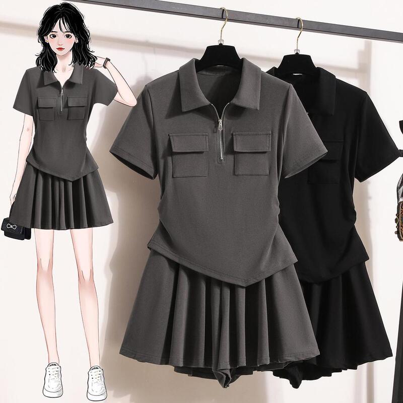 Plus Size 150kg Polo Collar Half-Zip Casual Suit for Women, Summer Loose Pleated Short Skirt Two-Piece Set Trendy
