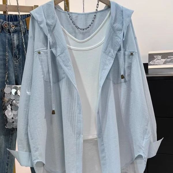 Fat mm 150kg Plus Size Textured Hooded Long-Sleeved Sun Protection Shirt for Women Summer Loose Casual Top Jacket