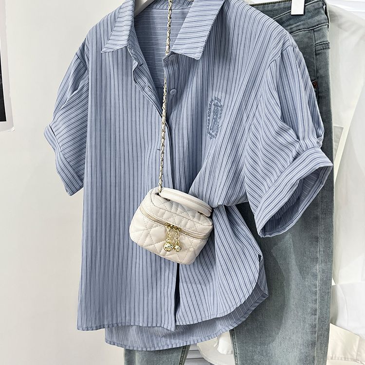 Plus Size 150kg Striped Embroidered Regular Shoulder Short-Sleeve Shirt for Women, Summer Loose Design Polo Collar Top