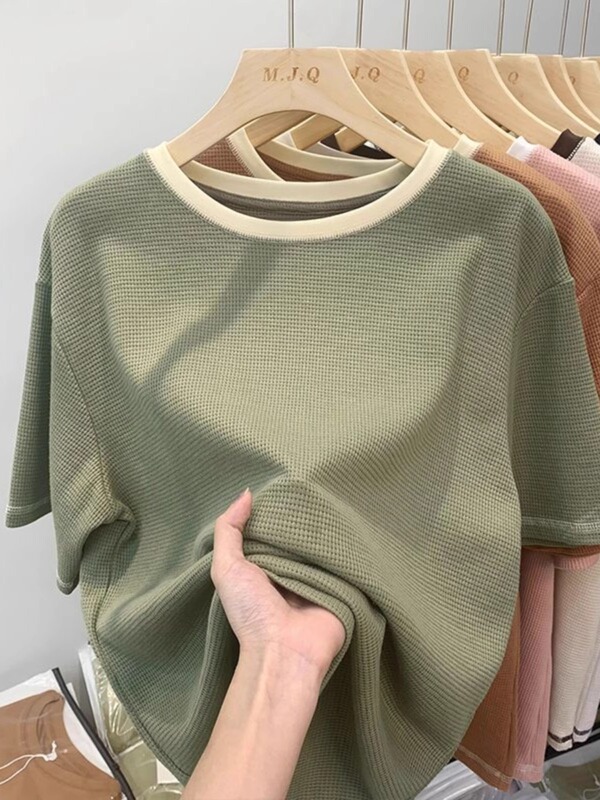Plus Size 150kg Color-Blocked Waffle Knit Short-Sleeve T-Shirt for Women, Summer Loose Fit, Versatile, Stylish Round Neck Half-Sleeve Top Plus Size 150kg Color-Blocked Waffle Knit Short-Sleeve T-Shirt for Women, Summer Loose Fit, Versatile, Stylish Round Neck Half-Sleeve Top