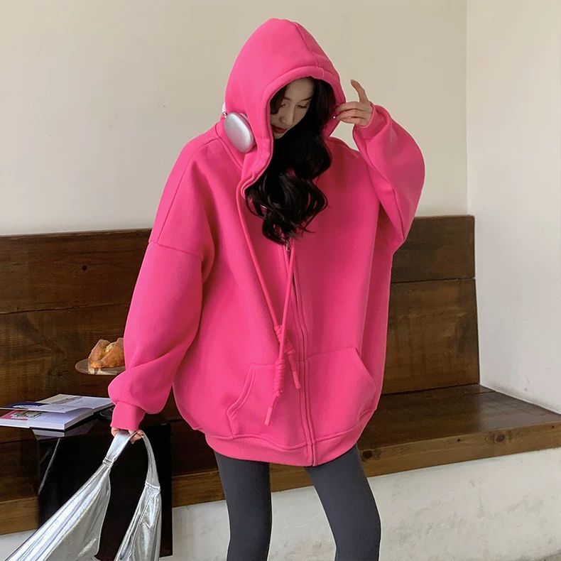 Plus Size 150kg Rose Red Zip-Up Hooded Sweatshirt for Women, Autumn and Winter, Loose Fit, Fleece-Lined, Thick, Lazy Style Jacket