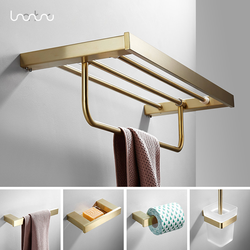 Nordic brushed brass towel rack Simple shelf Bathroom hardware pendant Paper towel towel rack Toilet brush gold