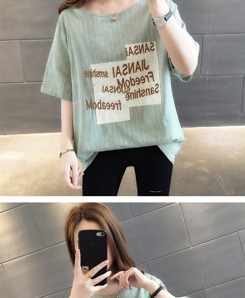 Quạt văn học cotton và vải lanh Áo thun cổ tròn áo thun mùa hè tay ngắn sọc retro màu sắc phù hợp với áo thun nữ kích thước lớn - Áo phông áo phông nữ đẹp