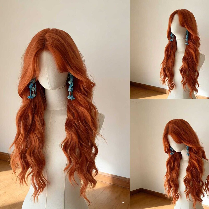 Sunset Orange Wig for Women, Full Head Cover, Water Wave Pattern, Natural Long Curly Hair, Center Parting, Big Waves, Versatile for Cosplay, Orange Color Sunset Orange Wig for Women, Full Head Cover, Water Wave Pattern, Natural Long Curly Hair, Center Parting, Big Waves, Versatile for Cosplay, Orange Color