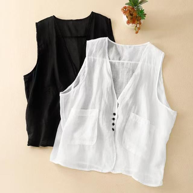 Cotton and Linen Vest for Women, Summer Lightweight Outerwear, Loose V-Neck, Single-Breasted, Sleeveless, Linen Vest Top Cotton and Linen Vest for Women, Summer Lightweight Outerwear, Loose V-Neck, Single-Breasted, Sleeveless, Linen Vest Top