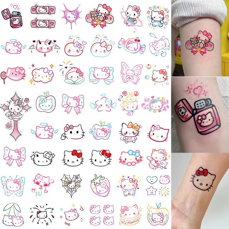 Hellokitty Cat Tattoo Sticker Set, Colorful, Waterproof, Long-Lasting, Realistic, Fresh and Sweet, Cool Floral Arm Tattoo, Washable