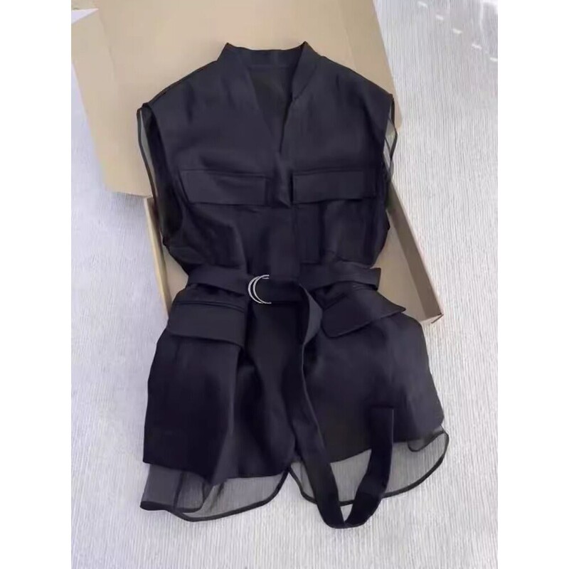 2025 Summer New Korean Style Elegant and Simple Black Waist-Cinching Fashionable Slimming Sleeveless Top for Women Thin