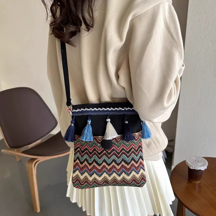 Bohemian Tassel Bag for Women, Ethnic Style Jewelry from Miao and Dong Villages, Small Crossbody Bag, Yunnan and Guizhou Tourist Souvenir