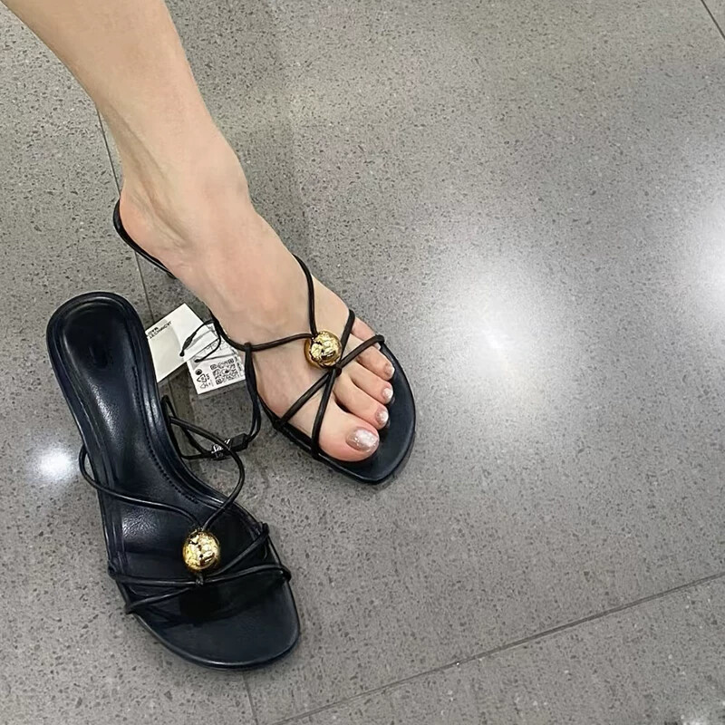 Za2025 Summer Metal-Decorated High-Heeled Shoes, Simple Vacation Style Stiletto Sandals, High-Heeled Outerwear Mule Sandals