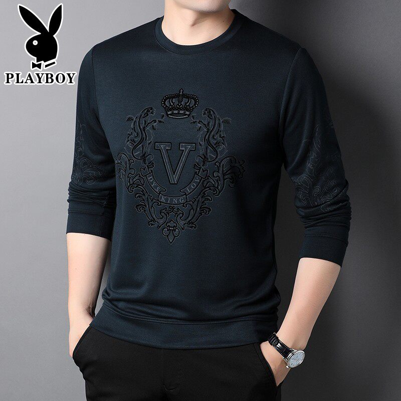 Playboy round neck embroidered long sleeve T-shirt men casual loose middle-aged men's clothes plus-and-thickening
