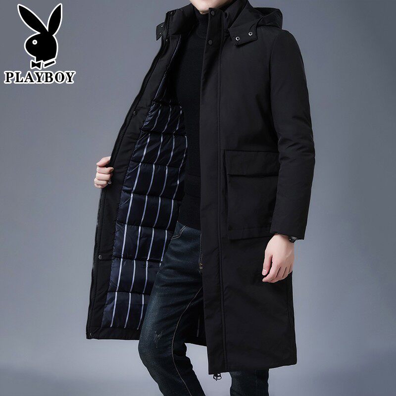 Playboy cotton jacket men's extended winter new knee-length jacket business casual cotton jacket hooded cotton jacket large size