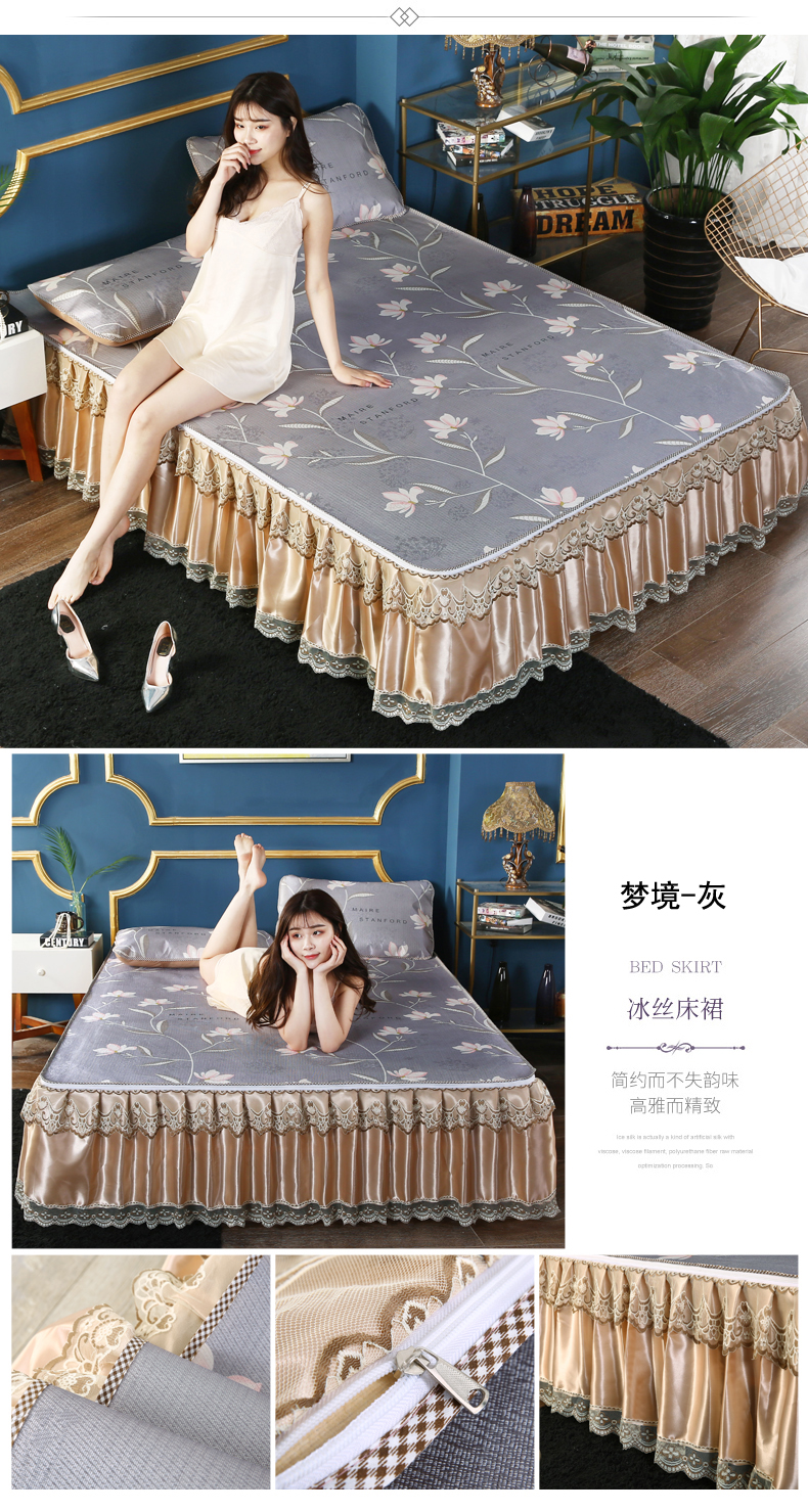 Mùa hè lụa băng phần giường váy ba mảnh ghế mat ghế máy lạnh đôi gấp ren bedspread mat 1.5m1.8m - Váy Petti váy giường