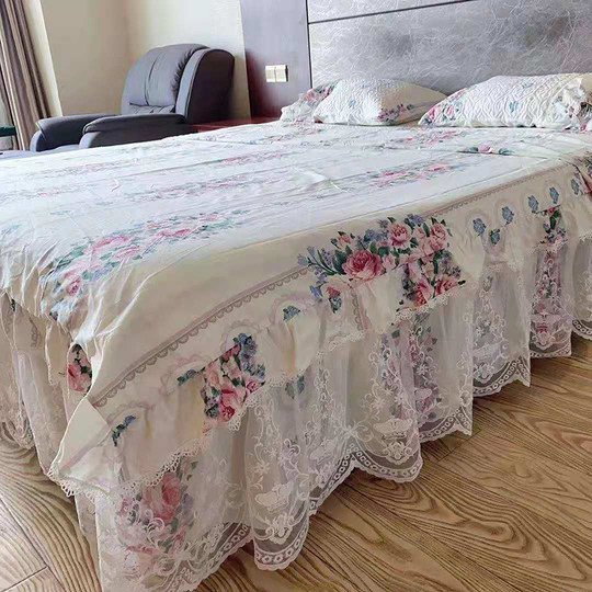 French Lace Bed Skirt Single Piece Pure Cotton Thickened Bedspread Three-Piece Set European Style All-Cotton Non-Slip Bed Cover Pastoral Princess Style