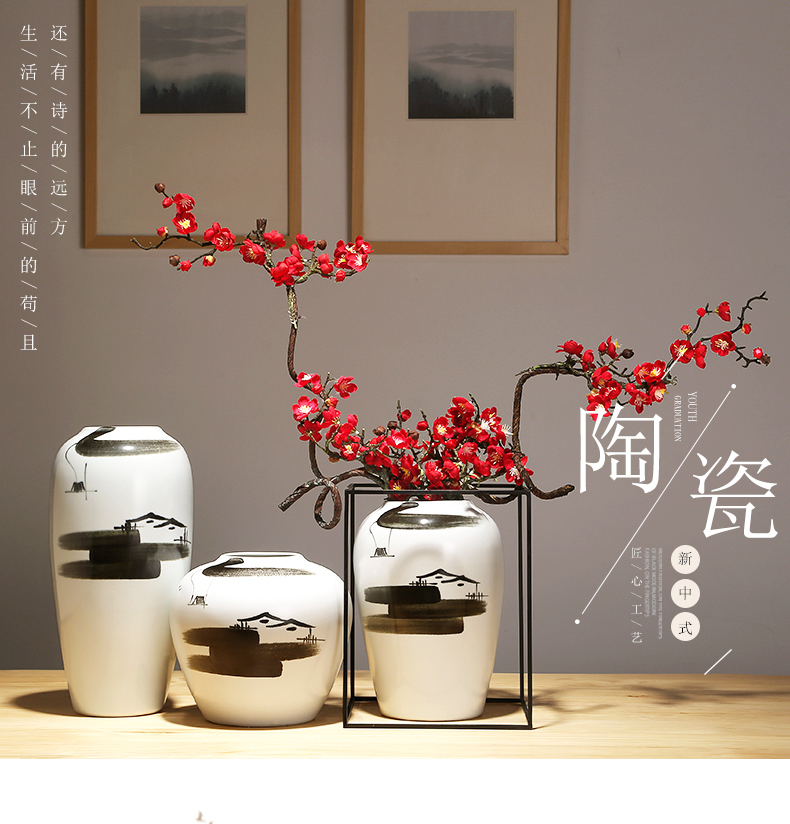 Jingdezhen modern new Chinese style ceramic checking ceramic crafts vase living room TV dry flower decoration set piece