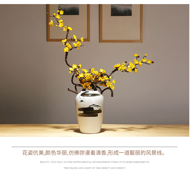 Jingdezhen modern new Chinese style ceramic checking ceramic crafts vase living room TV dry flower decoration set piece