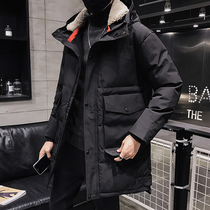 Cotton coat mens medium and long autumn and winter fashion handsome long winter coat mens 2021 new thickened down cotton clothing