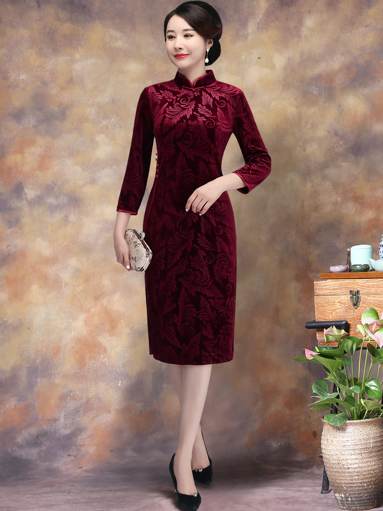 Long cheongsam, demi-season elegant skirt for mother, city style, Chinese style, plus size Long cheongsam, demi-season elegant skirt for mother, city style, Chinese style, plus size