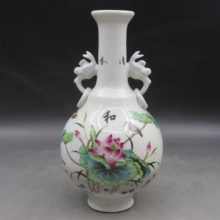 Clear Tongzhi Powder Colorful family Happy TuDouble Ears Bottle Ancient Play Antique Antique Porcelain Family Residence Decoration Classic Collection