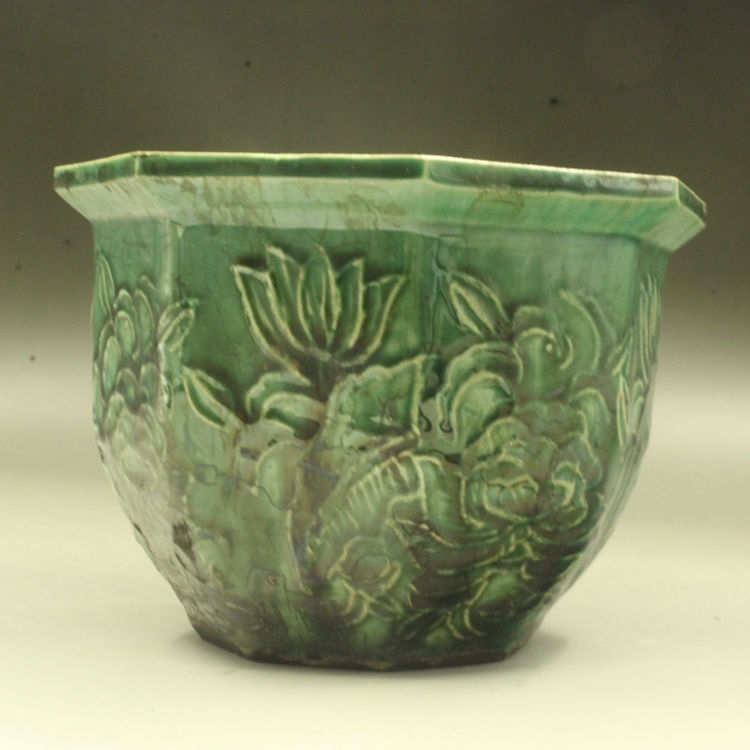 Qing Guangxu Green Glaze Bafang Succulent Flower Pot (Small) Antique Antique Porcelain Ornament Antique Porcelain Collection