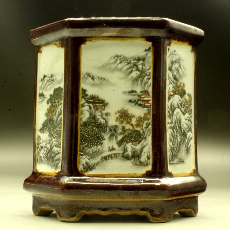 Republic Of China Powder Color Great Good River Mountain Tu Six-party Flat Pen Holder Ancient Play Antique Antique Porcelain Wenhouse Utensils Collection