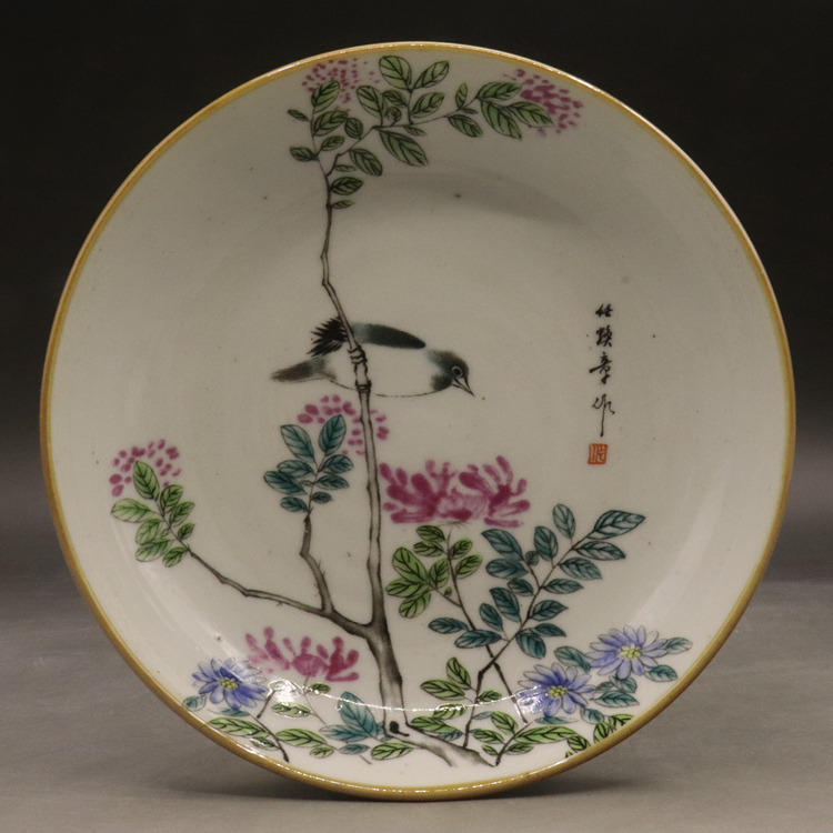 (Hand-painted) Republic of China Light Colorful Flowers Bird Figure Small Porcelain Dish Porcelain Disc Ancient Play Imitation Ancient Porcelain Furniture Household Goods Collection-Taobao