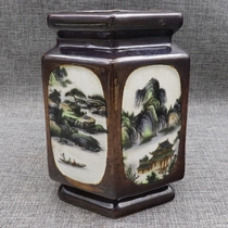 Great Qing Qianlong Lung-year Shallow Magenta Mountain Water Riplele Island Hexagonal Pen Holder Ancient play antique porcelain Wenfang Collection