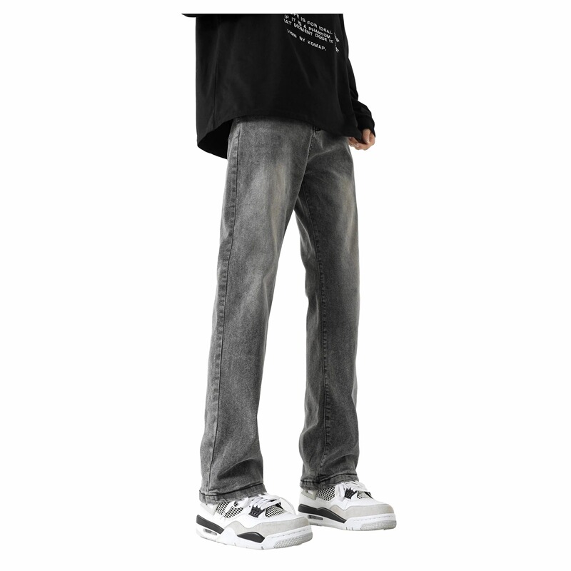 Fak American-Style Cleanfit Heavy-Duty Vintage Distressed Washed Stretch Scimitar Pants Slightly Flared Wide-Leg Jeans