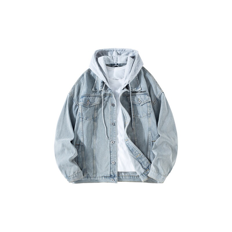 Basic Logo-Print Detachable Hooded Faux Two-Piece Denim Jacket, Unisex Style