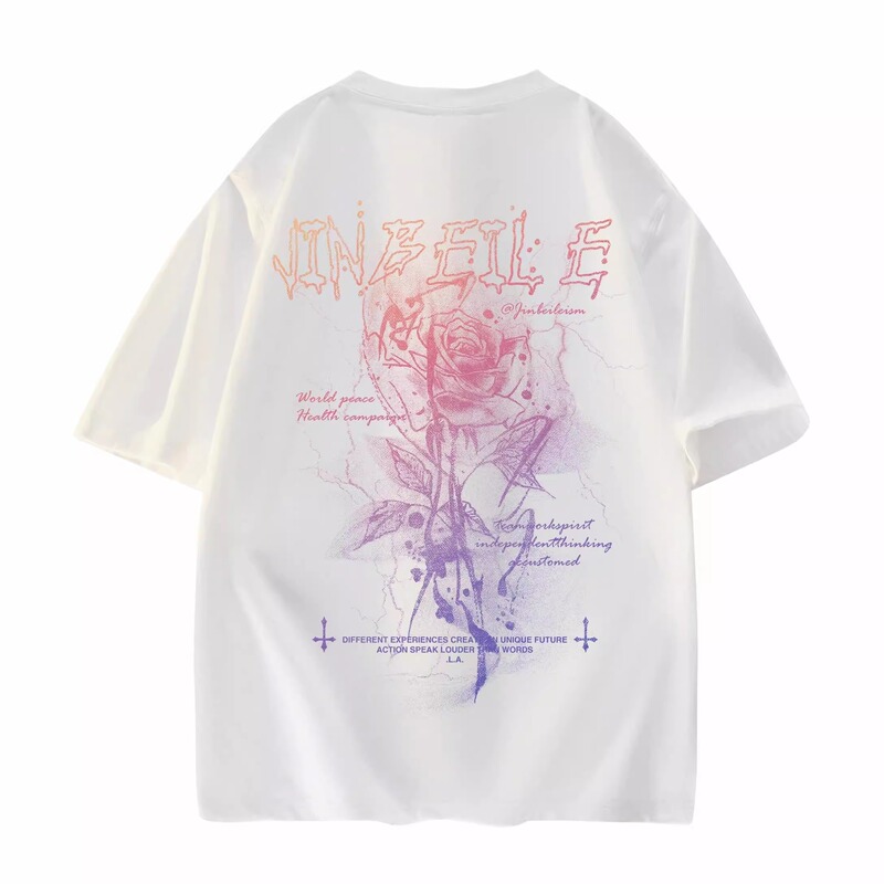 American High Street Phantom Color Gradient One Rose Letter Logo Printed Round Neck Short-Sleeved T-Shirt, Same Style for Men and Women American High Street Phantom Color Gradient One Rose Letter Logo Printed Round Neck Short-Sleeved T-Shirt, Same Style for Men and Women