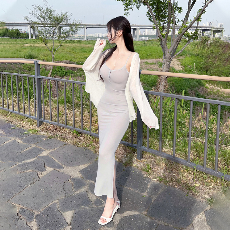 Soonne Korean Slim-Fit Suspender Dress for Women, Long Slit, Sexy and Elegant Dress Soonne26Ss05