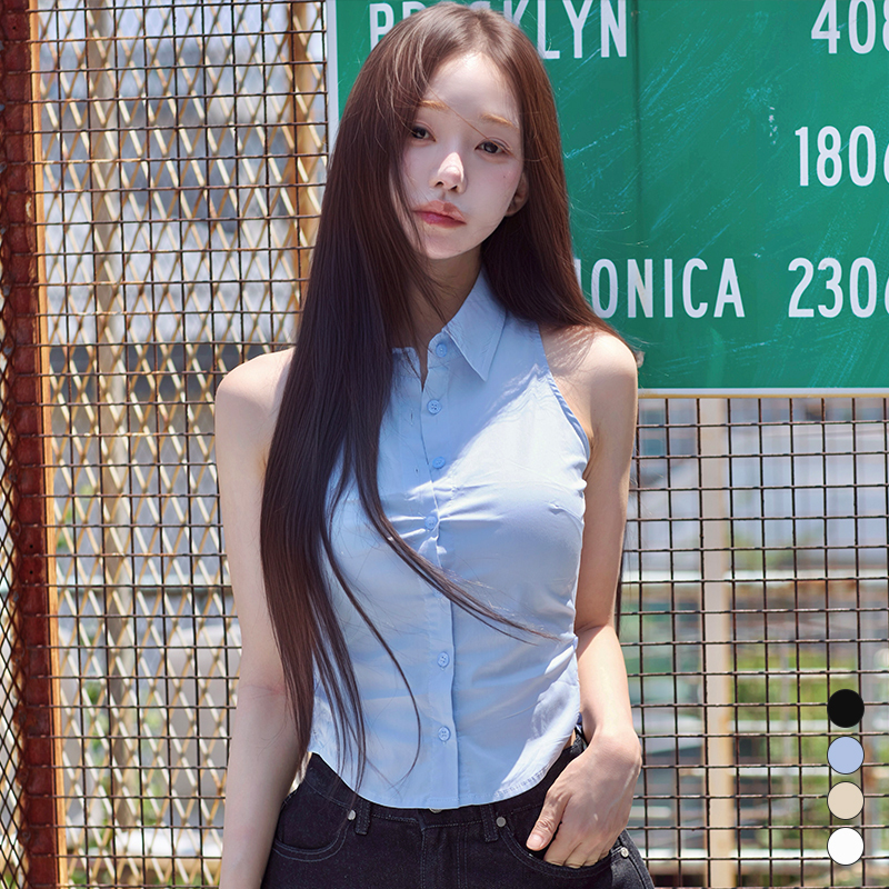 Kindame Korean Summer Slim-Fit Fashionable Sleeveless Waist-Revealing Button-Up Shirt Top Ts25S2610