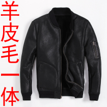 Natural sheepskin one-piece classic MA1 leather jacket Genuine leather Mens fur baseball uniform thick warm jacket