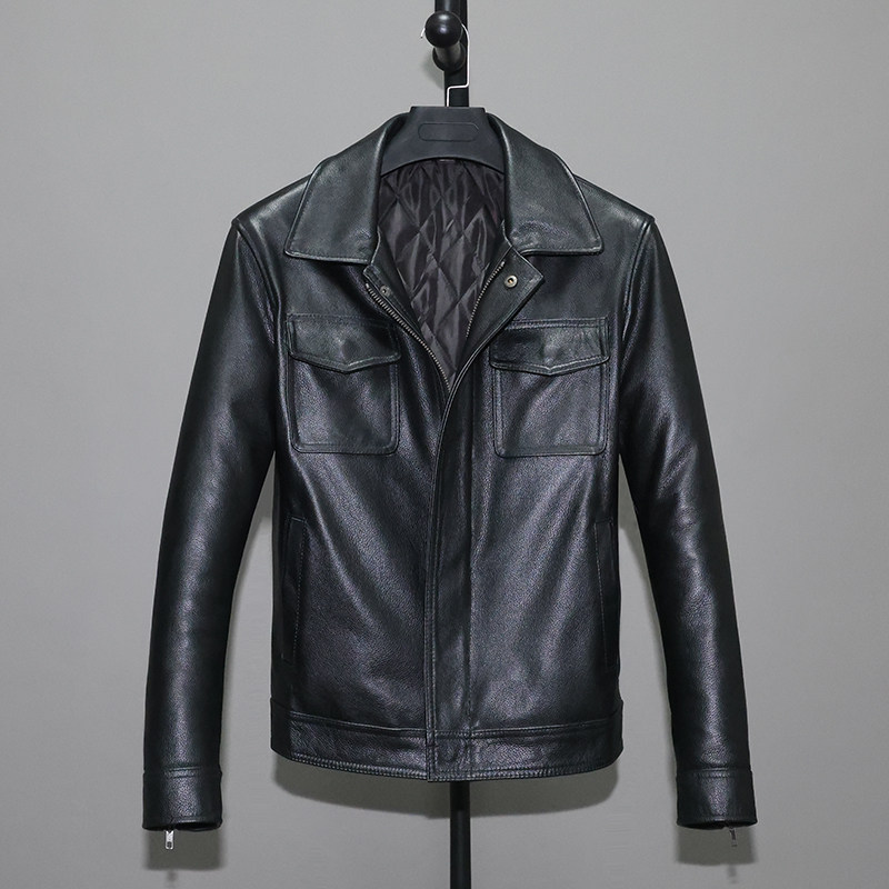 First layer soft cowhide leather jacket men's slim short lapel casual overalls jacket plus cotton jacket multi-pocket ge