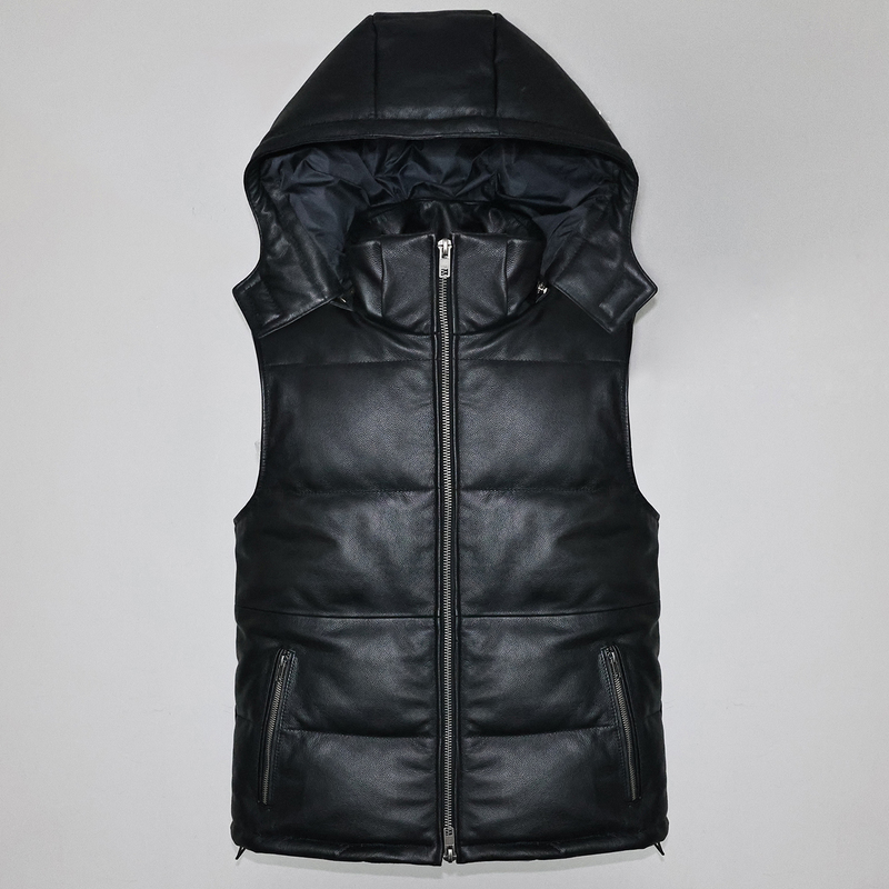 Men's and Women's Genuine Leather Down-Proof Vest, First-Layer Cowhide Jacket, Slim Fit, Detachable Hood, Stand Collar, Casual Vest, Waistcoat