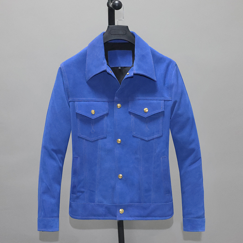 Blue-dyed anti-suede cow leather leather leather clothing male body short-turned-collar 507 denim locomotive jacket Single cotton man jacket