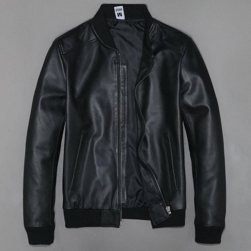 Men's Genuine Leather Baseball Jacket, First Layer Sheepskin, Slim Fit, Short Style, Youth Casual Sports Leather Jacket