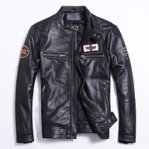 Sheep leather leather mens thick slim-fit short motorcycle embroidery jacket Motorcycle flight suit large size cotton coat cotton suit